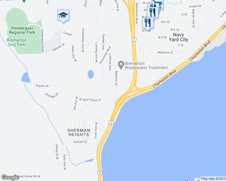 map of restaurants, bars, coffee shops, grocery stores, and more near 1711 Bayview Dr in Bremerton