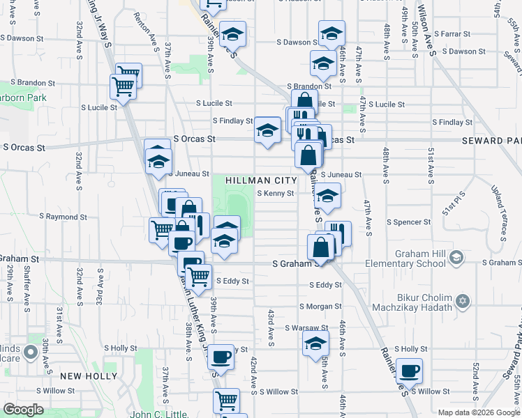 map of restaurants, bars, coffee shops, grocery stores, and more near 4214 South Raymond Street in Seattle