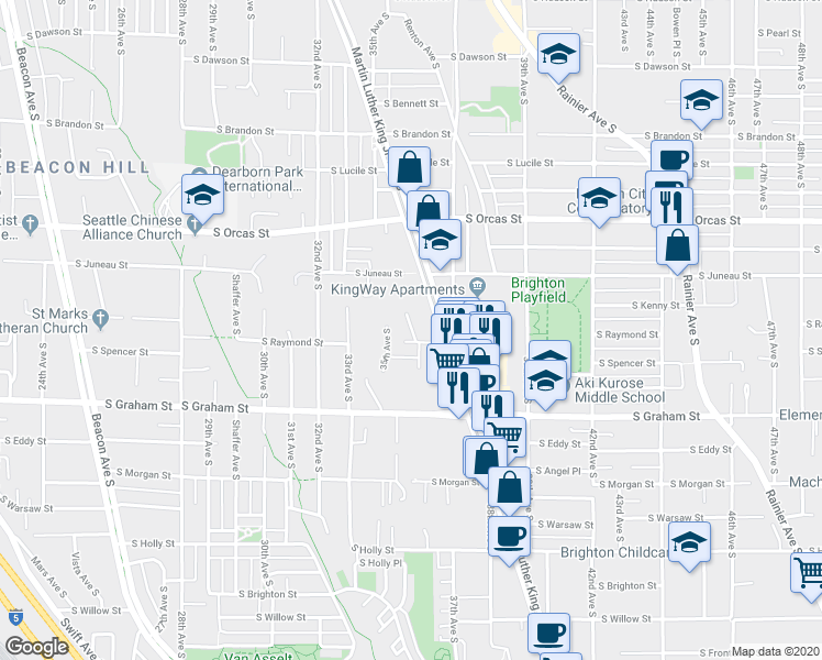 map of restaurants, bars, coffee shops, grocery stores, and more near 5946 36th Avenue South in Seattle