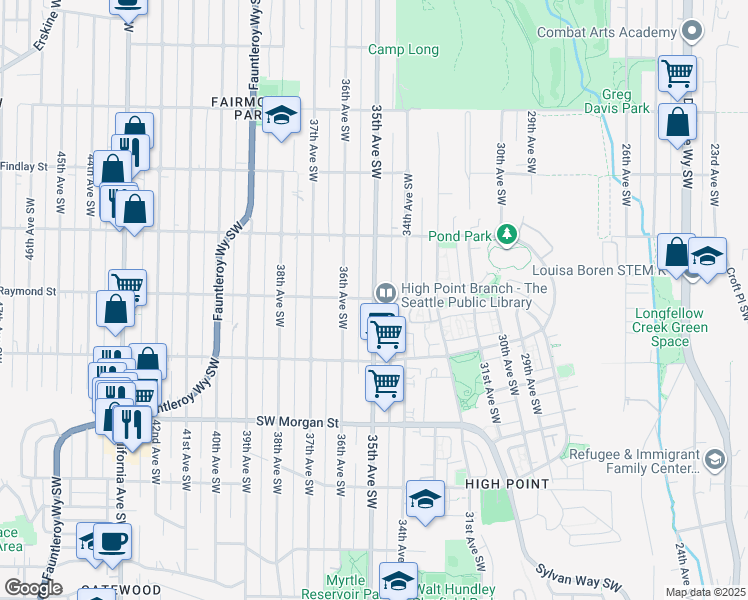 map of restaurants, bars, coffee shops, grocery stores, and more near 5958 35th Avenue Southwest in Seattle