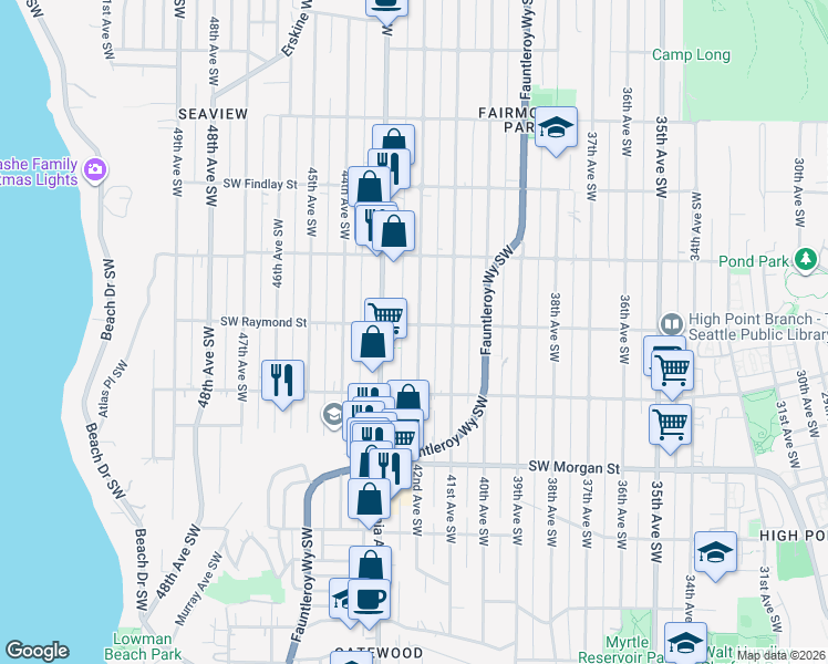 map of restaurants, bars, coffee shops, grocery stores, and more near 4214 Southwest Raymond Street in Seattle