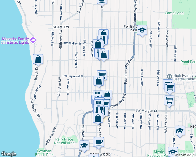 map of restaurants, bars, coffee shops, grocery stores, and more near 4317 Southwest Raymond Street in Seattle