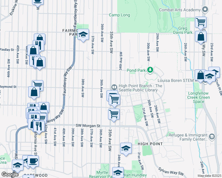 map of restaurants, bars, coffee shops, grocery stores, and more near 5958 35th Avenue Southwest in Seattle