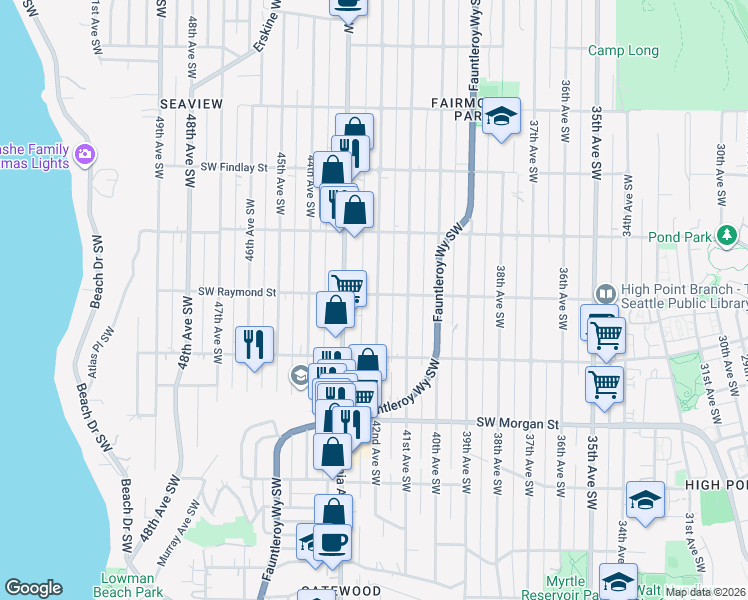 map of restaurants, bars, coffee shops, grocery stores, and more near 4214 Southwest Raymond Street in Seattle