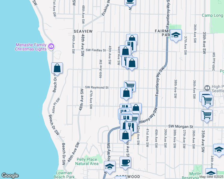 map of restaurants, bars, coffee shops, grocery stores, and more near 4421 Southwest Raymond Street in Seattle
