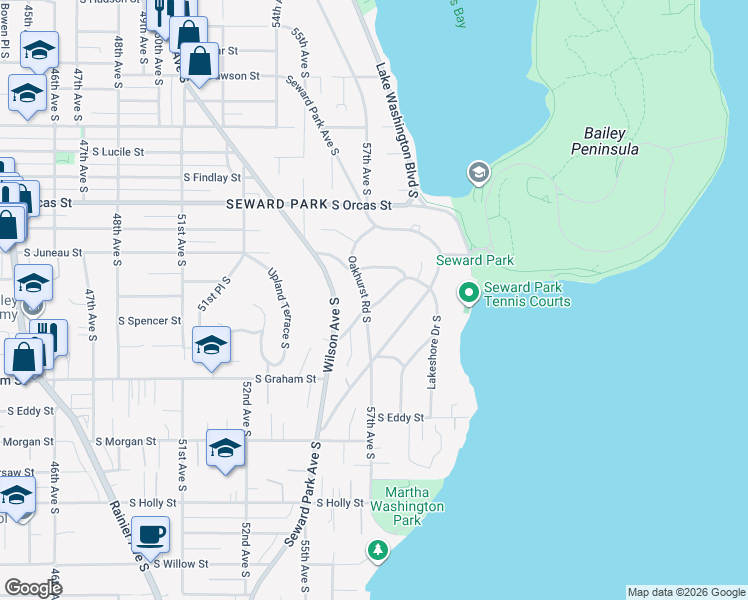 map of restaurants, bars, coffee shops, grocery stores, and more near 6026 Oakhurst Road South in Seattle
