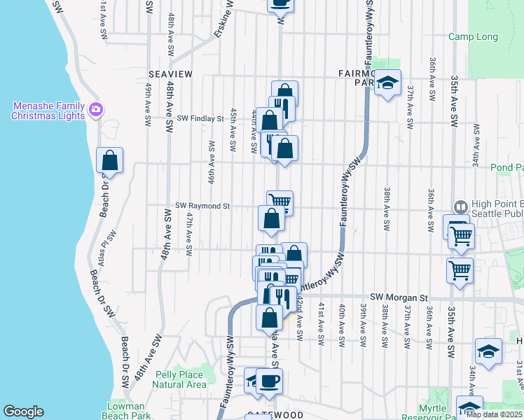 map of restaurants, bars, coffee shops, grocery stores, and more near 4317 Southwest Raymond Street in Seattle