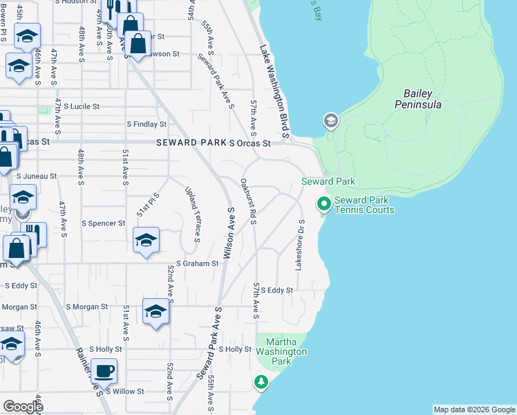 map of restaurants, bars, coffee shops, grocery stores, and more near 6026 Oakhurst Road South in Seattle