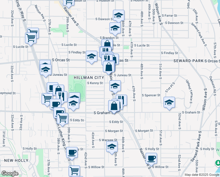 map of restaurants, bars, coffee shops, grocery stores, and more near 6100 Rainier Avenue South in Seattle