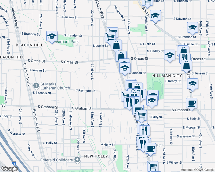 map of restaurants, bars, coffee shops, grocery stores, and more near 5937 35th Avenue South in Seattle