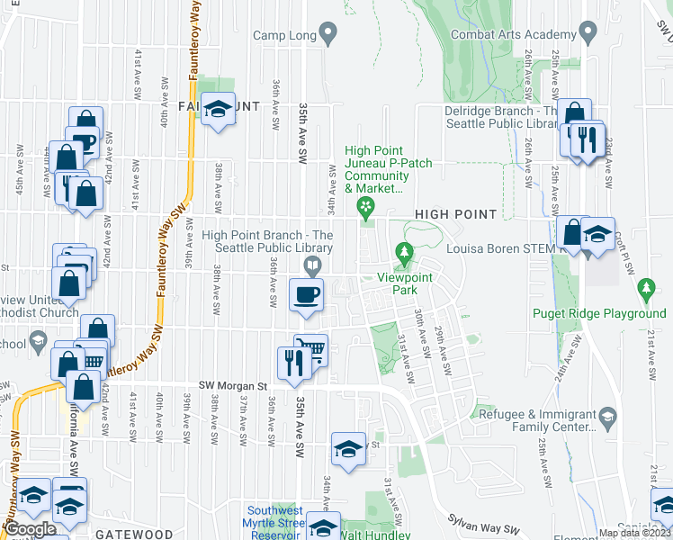 map of restaurants, bars, coffee shops, grocery stores, and more near 5958 34th Avenue Southwest in Seattle
