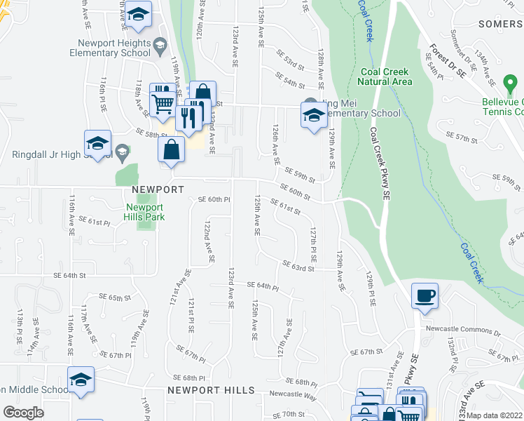 map of restaurants, bars, coffee shops, grocery stores, and more near 6124 125th Avenue Southeast in Bellevue