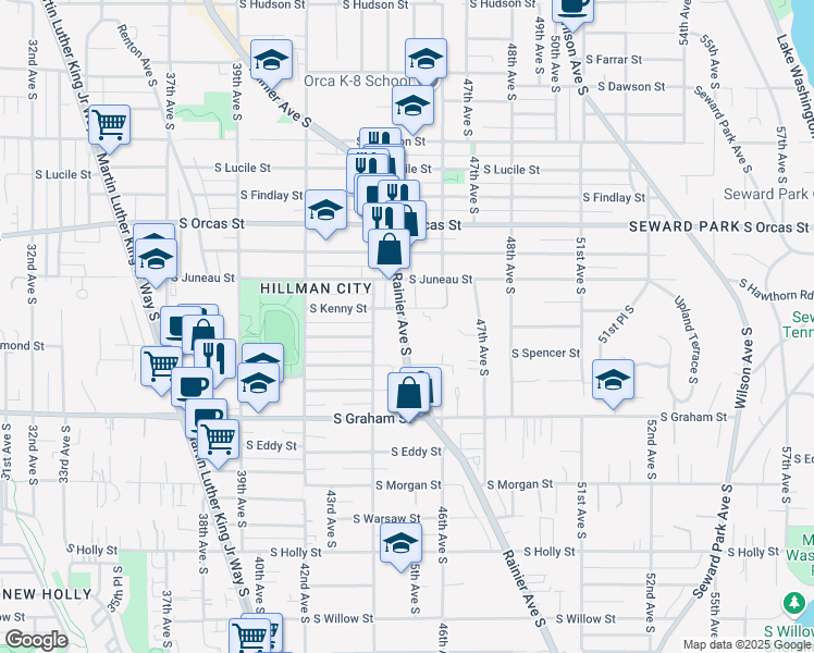 map of restaurants, bars, coffee shops, grocery stores, and more near 5968 Rainier Avenue South in Seattle