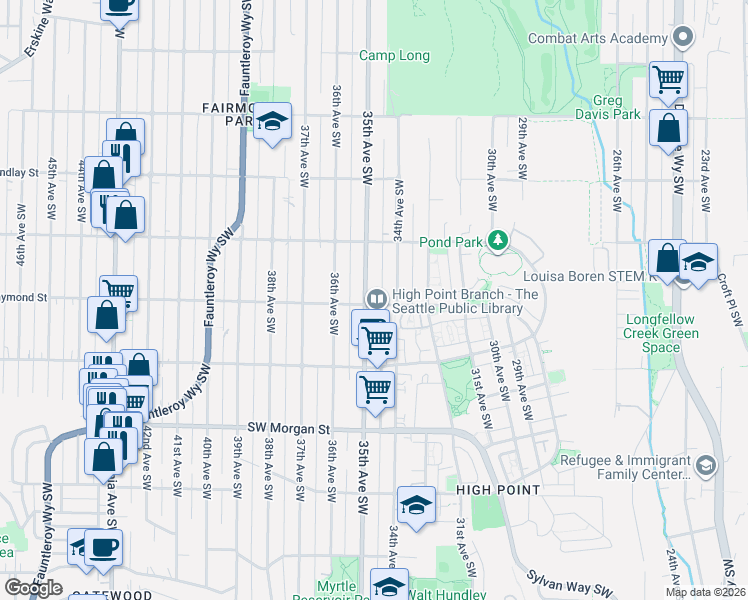 map of restaurants, bars, coffee shops, grocery stores, and more near 5958 35th Avenue Southwest in Seattle
