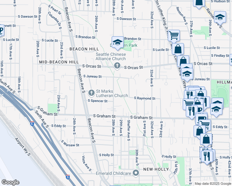 map of restaurants, bars, coffee shops, grocery stores, and more near 5948 28th Avenue South in Seattle