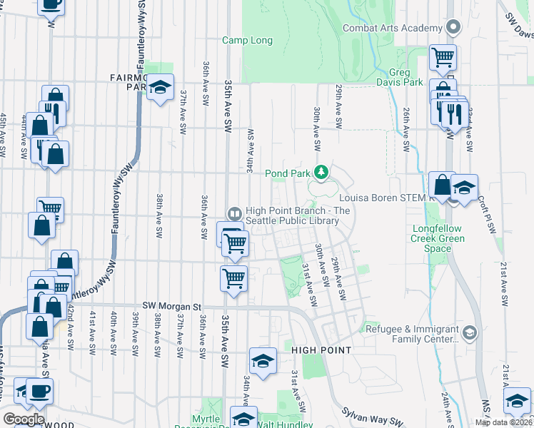 map of restaurants, bars, coffee shops, grocery stores, and more near 3202 Southwest Raymond Street in Seattle