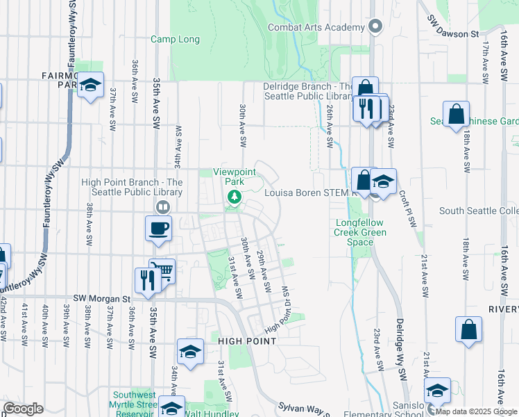 map of restaurants, bars, coffee shops, grocery stores, and more near 2934 Southwest Raymond Street in Seattle