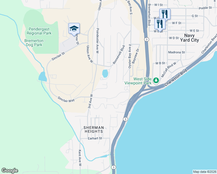 map of restaurants, bars, coffee shops, grocery stores, and more near 1906 Hardway Lane in Bremerton