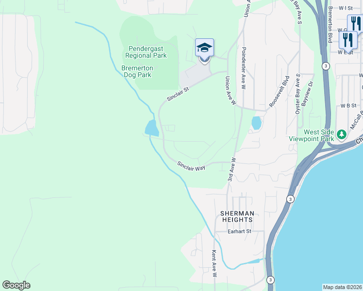 map of restaurants, bars, coffee shops, grocery stores, and more near 5170 Sinclair Way in Bremerton