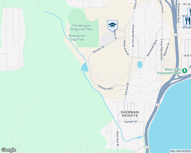 map of restaurants, bars, coffee shops, grocery stores, and more near 5170 Sinclair Way in Bremerton