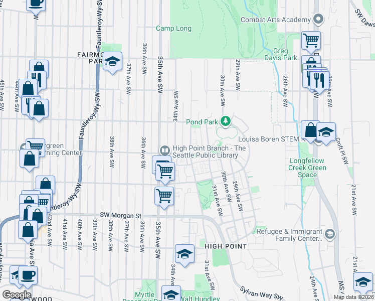 map of restaurants, bars, coffee shops, grocery stores, and more near 3202 Southwest Raymond Street in Seattle