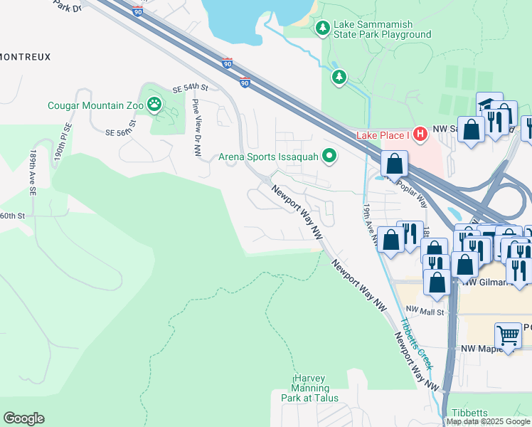 map of restaurants, bars, coffee shops, grocery stores, and more near 2131 Northwest Pacific Yew Place in Issaquah