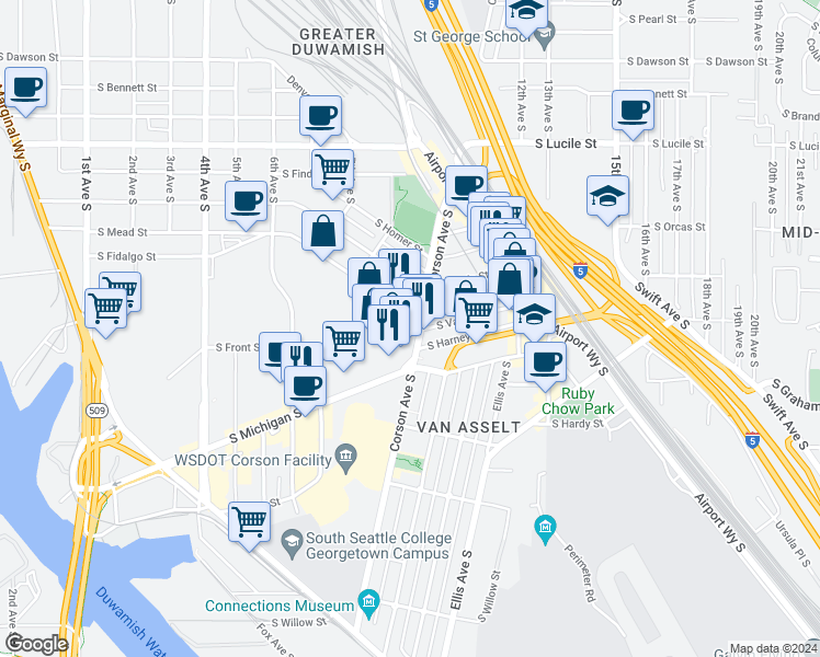 map of restaurants, bars, coffee shops, grocery stores, and more near 891 South Fidalgo Street in Seattle