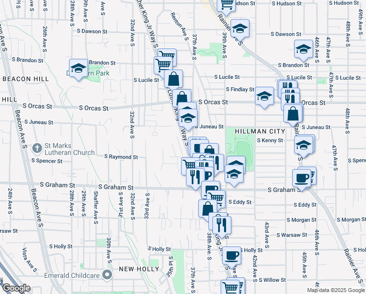 map of restaurants, bars, coffee shops, grocery stores, and more near 5946 36th Avenue South in Seattle