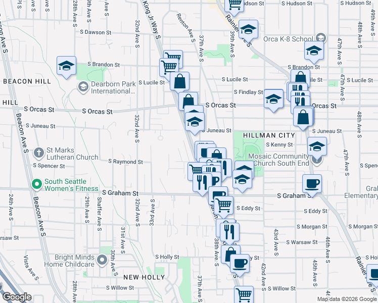 map of restaurants, bars, coffee shops, grocery stores, and more near 5943 Martin Luther King Junior Way South in Seattle