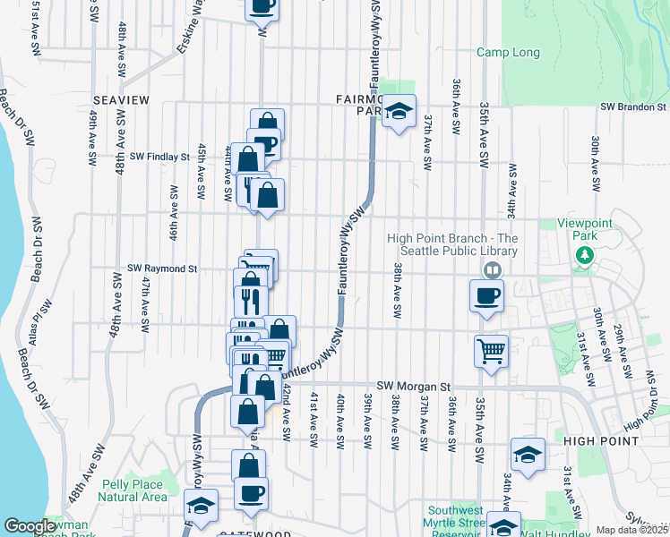 map of restaurants, bars, coffee shops, grocery stores, and more near 5959 Fauntleroy Way Southwest in Seattle