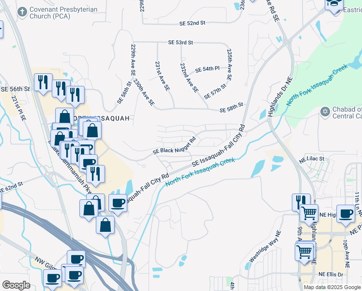 map of restaurants, bars, coffee shops, grocery stores, and more near 23120 Southeast Black Nugget Road in Issaquah