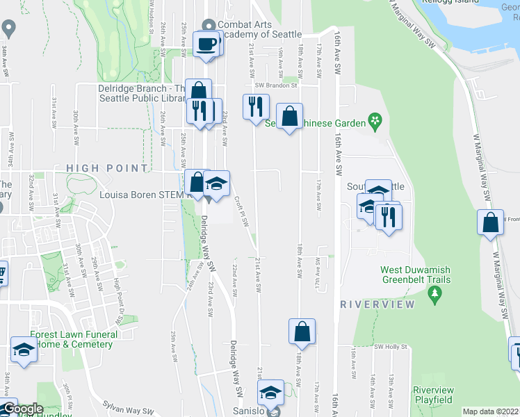 map of restaurants, bars, coffee shops, grocery stores, and more near 5954 21st Avenue Southwest in Seattle