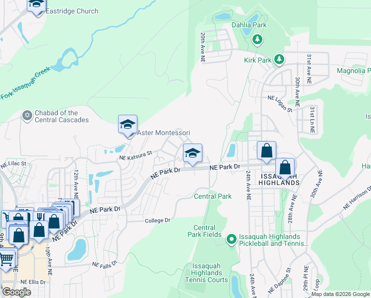 map of restaurants, bars, coffee shops, grocery stores, and more near 2002 18th Avenue Northeast in Issaquah