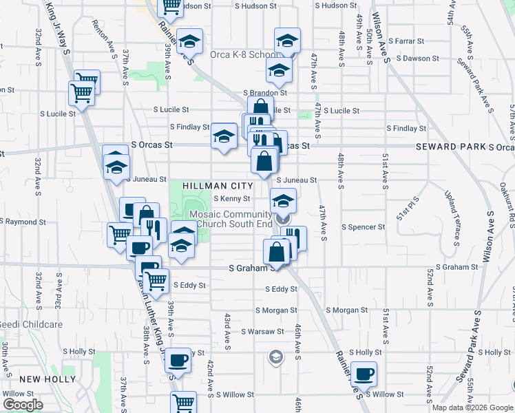 map of restaurants, bars, coffee shops, grocery stores, and more near 4254 South Raymond Street in Seattle