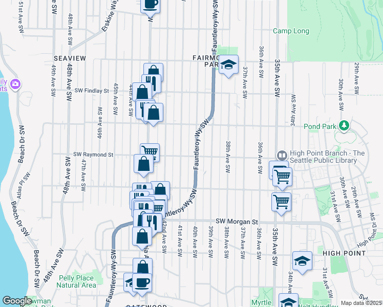 map of restaurants, bars, coffee shops, grocery stores, and more near 5959 Fauntleroy Way Southwest in Seattle