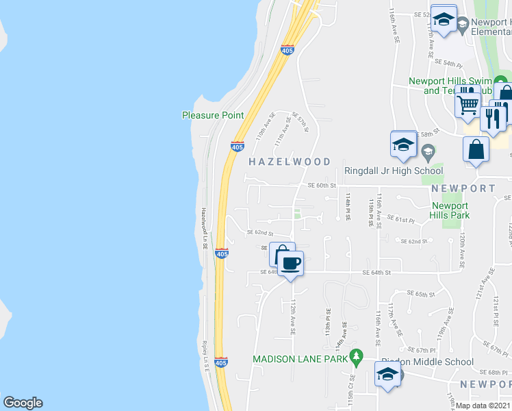 map of restaurants, bars, coffee shops, grocery stores, and more near 11019 Southeast 60th Street in Bellevue