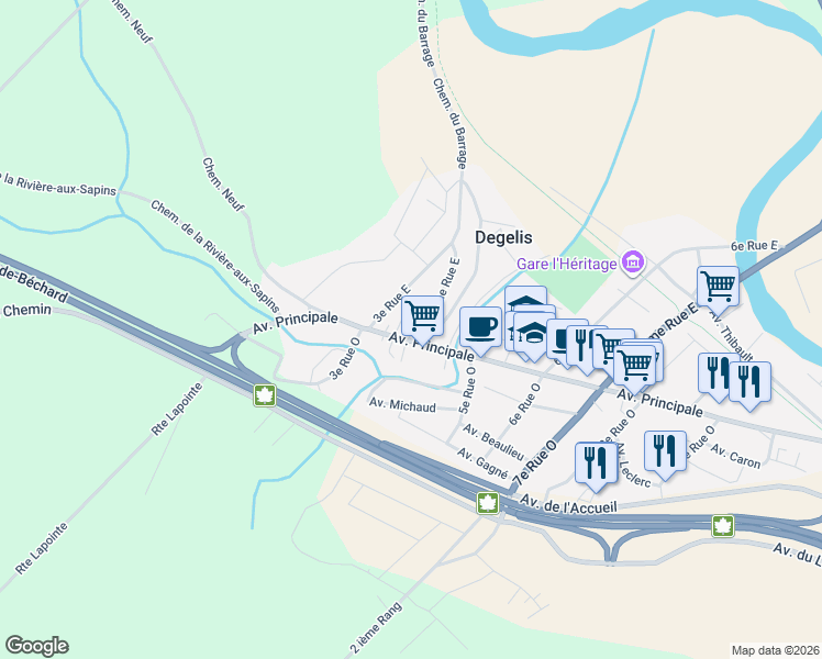 map of restaurants, bars, coffee shops, grocery stores, and more near Chemin Lévesque in Dégelis