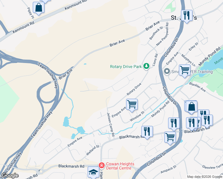 map of restaurants, bars, coffee shops, grocery stores, and more near 15 Shriners Road in St. John's