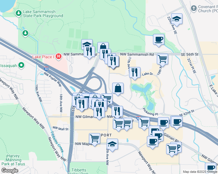 map of restaurants, bars, coffee shops, grocery stores, and more near 1750 12th Avenue Northwest in Issaquah
