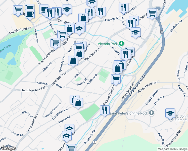 map of restaurants, bars, coffee shops, grocery stores, and more near 32 Warbury Street in St. John's