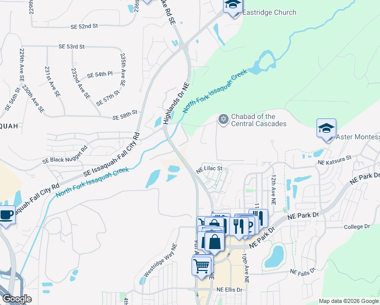 map of restaurants, bars, coffee shops, grocery stores, and more near 23847 Southeast 59th Street in Issaquah