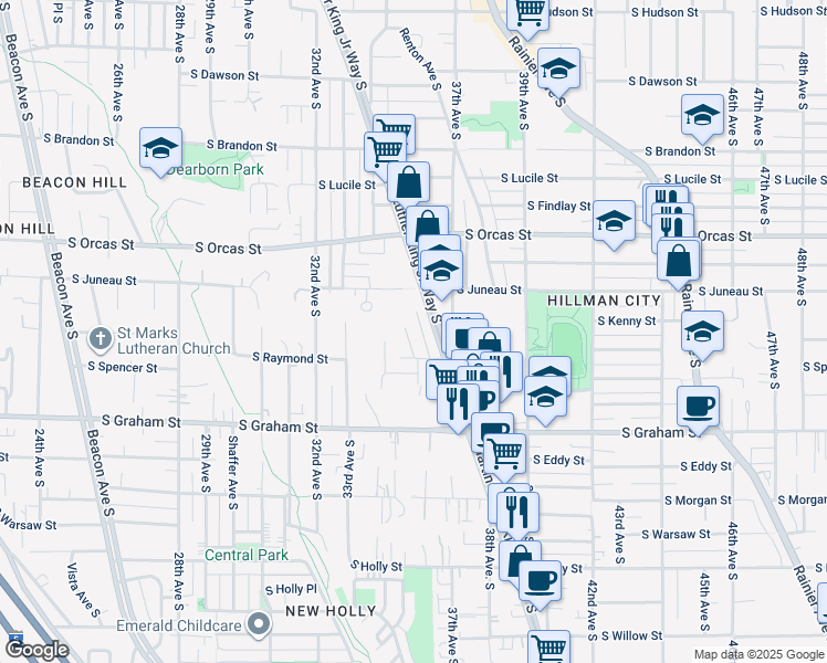 map of restaurants, bars, coffee shops, grocery stores, and more near 5936 36th Avenue South in Seattle