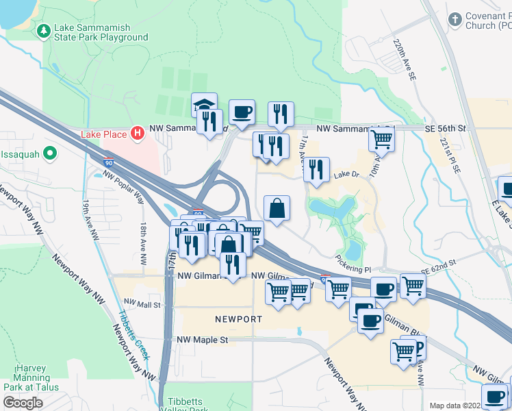 map of restaurants, bars, coffee shops, grocery stores, and more near 1750 12th Avenue Northwest in Issaquah