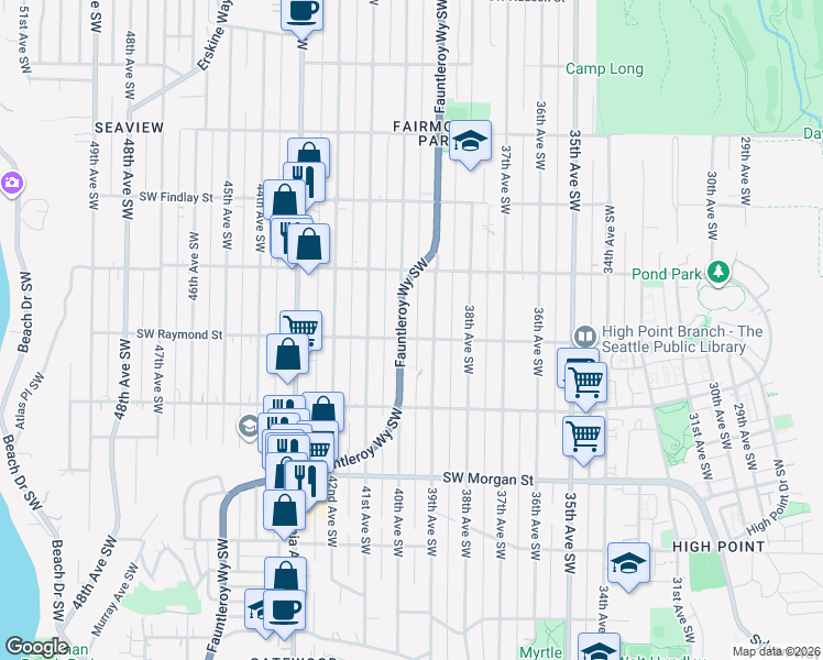 map of restaurants, bars, coffee shops, grocery stores, and more near 5957 39th Avenue Southwest in Seattle