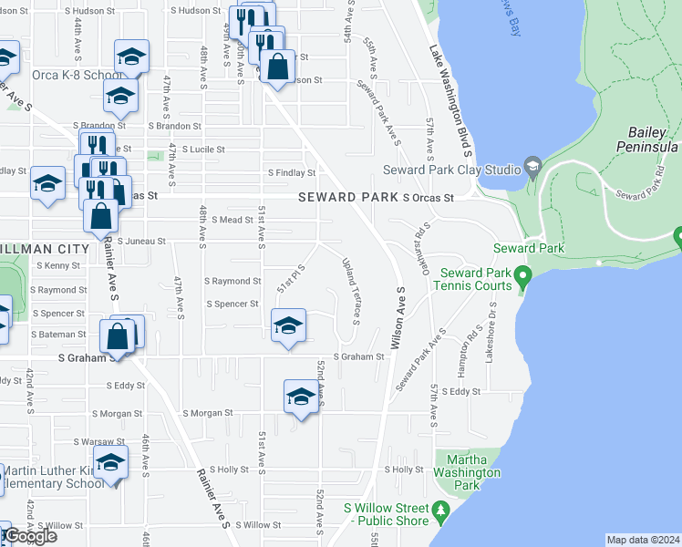 map of restaurants, bars, coffee shops, grocery stores, and more near 6005 Upland Terrace South in Seattle