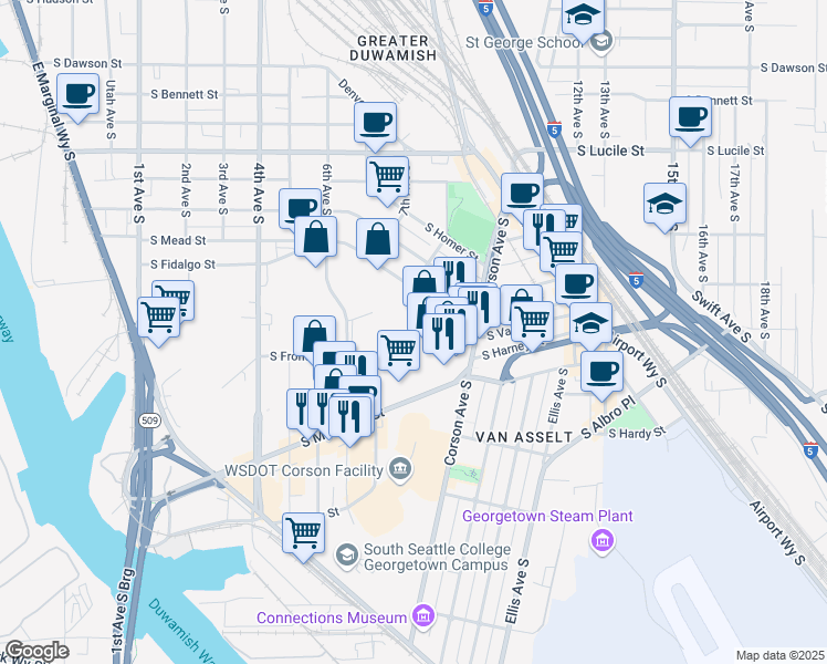 map of restaurants, bars, coffee shops, grocery stores, and more near 800 S Fidalgo St in Seattle