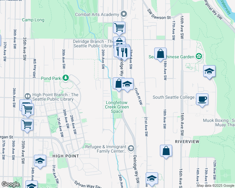 map of restaurants, bars, coffee shops, grocery stores, and more near 5943 Delridge Way Southwest in Seattle