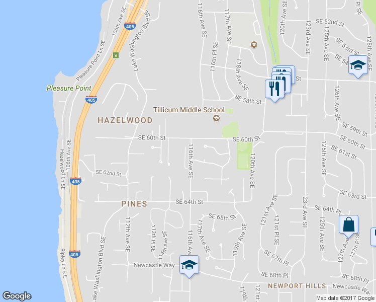map of restaurants, bars, coffee shops, grocery stores, and more near 6122 115th Place Southeast in Bellevue