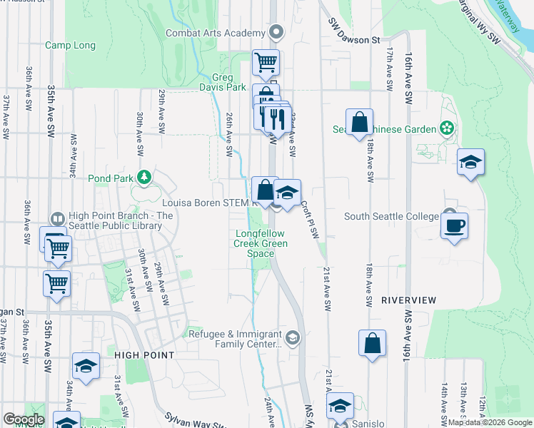 map of restaurants, bars, coffee shops, grocery stores, and more near 5943 Delridge Way Southwest in Seattle