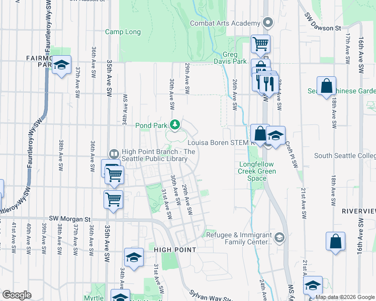 map of restaurants, bars, coffee shops, grocery stores, and more near 2934 Southwest Raymond Street in Seattle